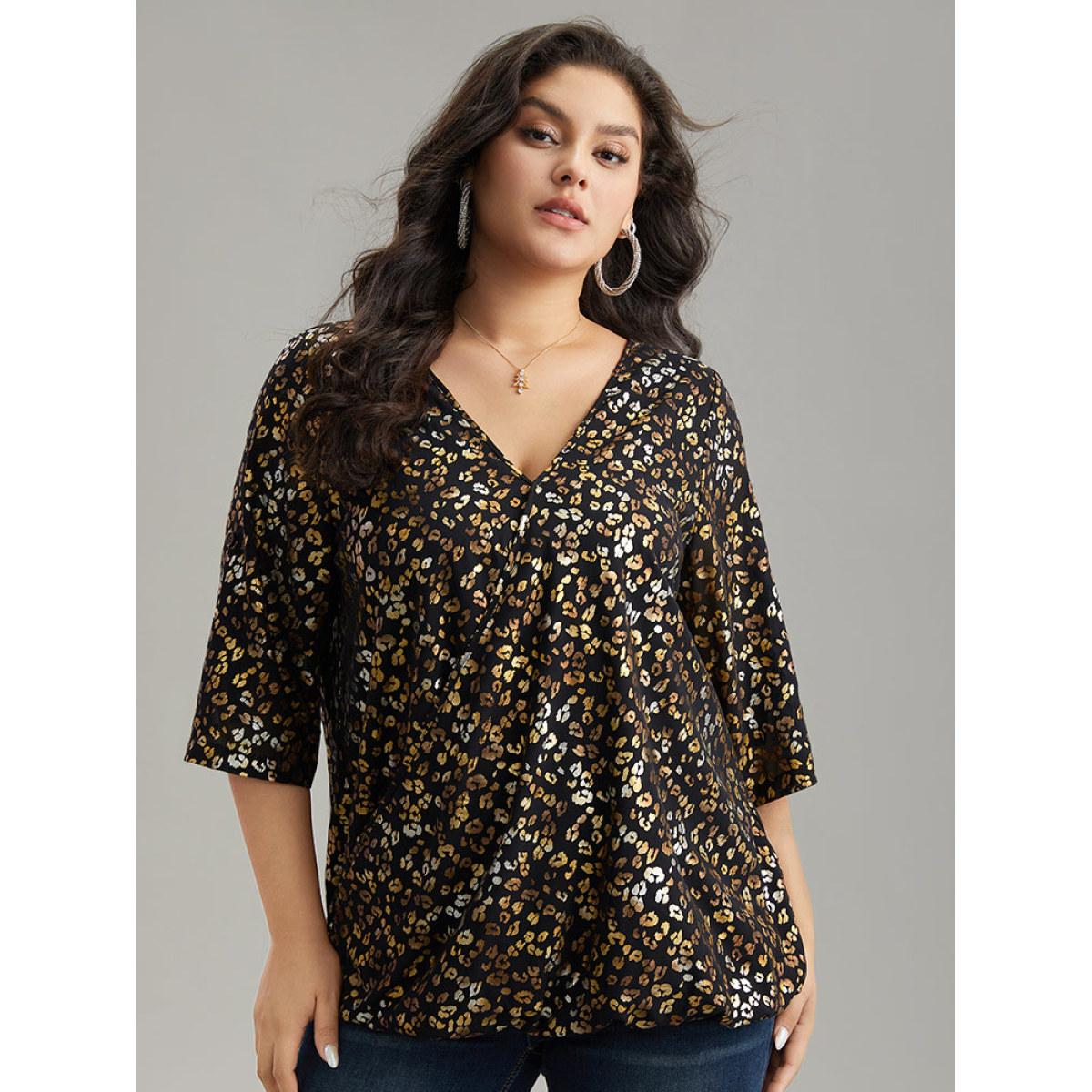 Plus Size Black Leopard Glitter Wrap V Neck Blouse Women Glamour Elbow-length sleeve V-neck Going out Blouses BloomChic 10/M Product Image