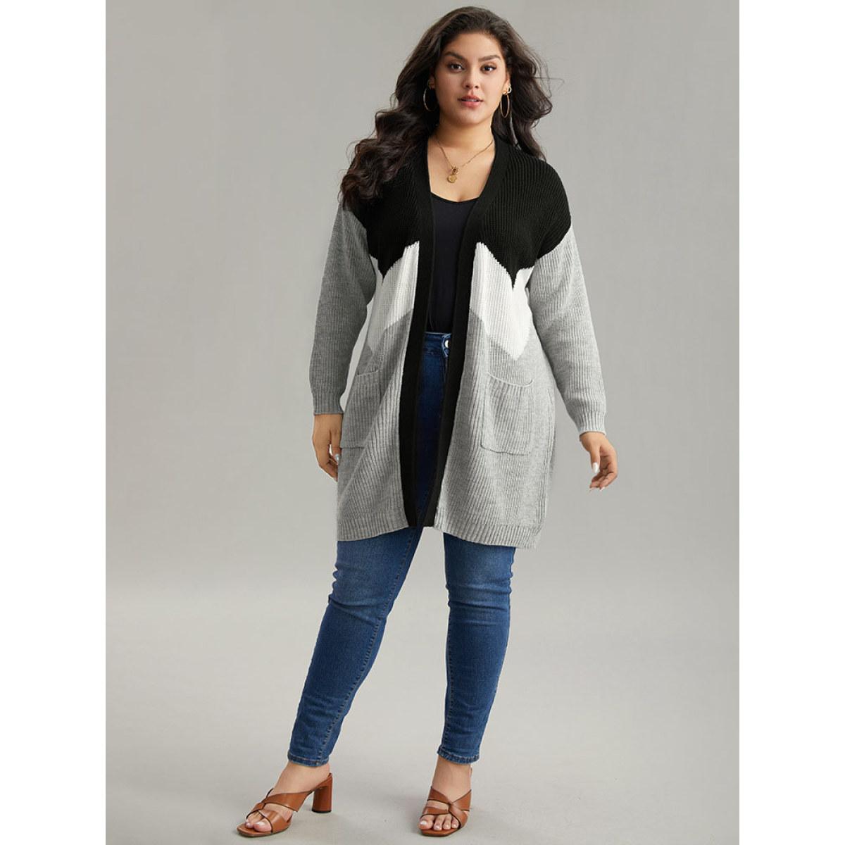 Plus Size Colorblock Contrast Pocket Open Front Cardigan DarkGray Women Casual Loose Long Sleeve Dailywear Cardigans BloomChic 14-16/1X Product Image