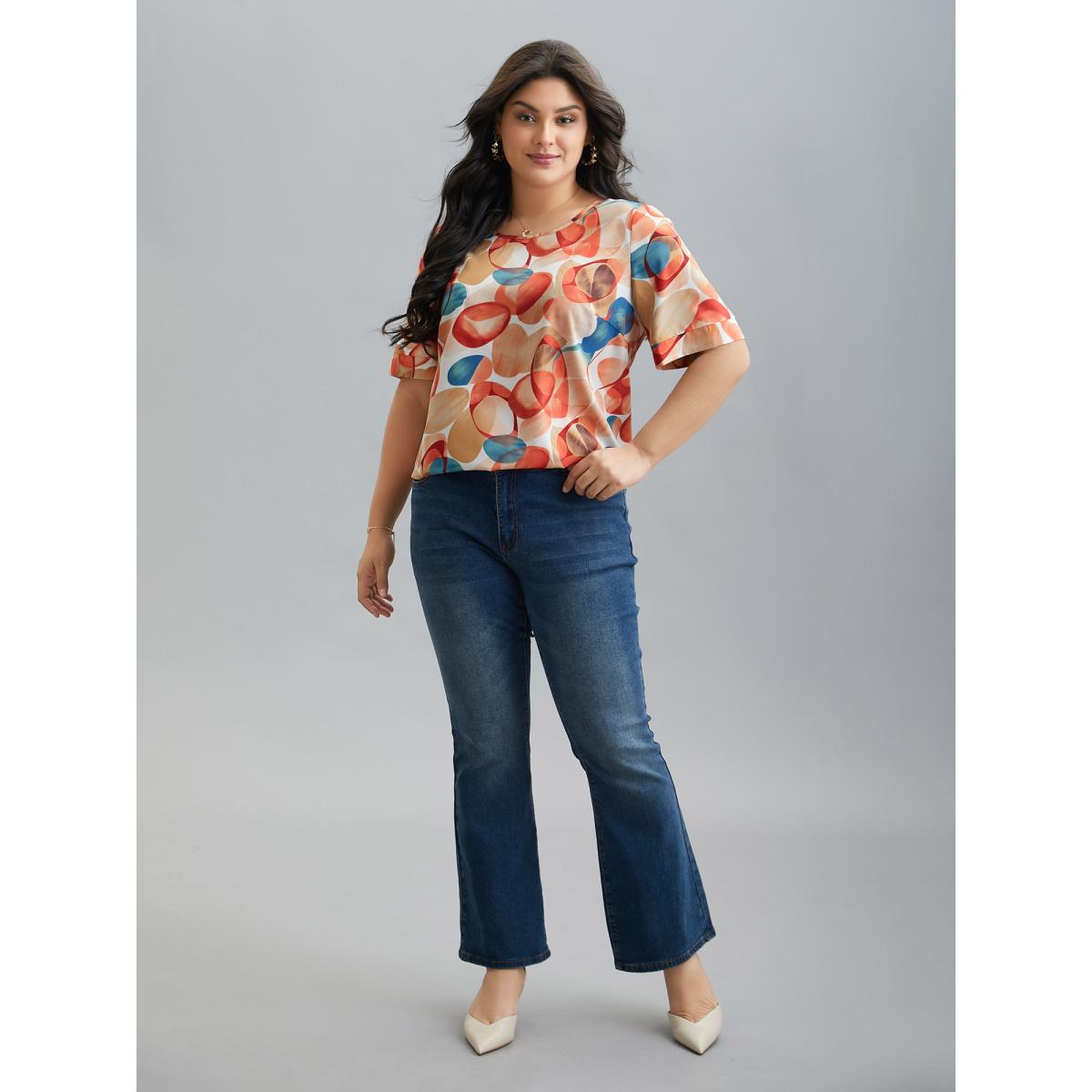 Plus Size Salmon Multi-Color Drops Round Neck Blouse Women Elegant Half Sleeve Round Neck Everyday Blouses BloomChic 28/5X Product Image