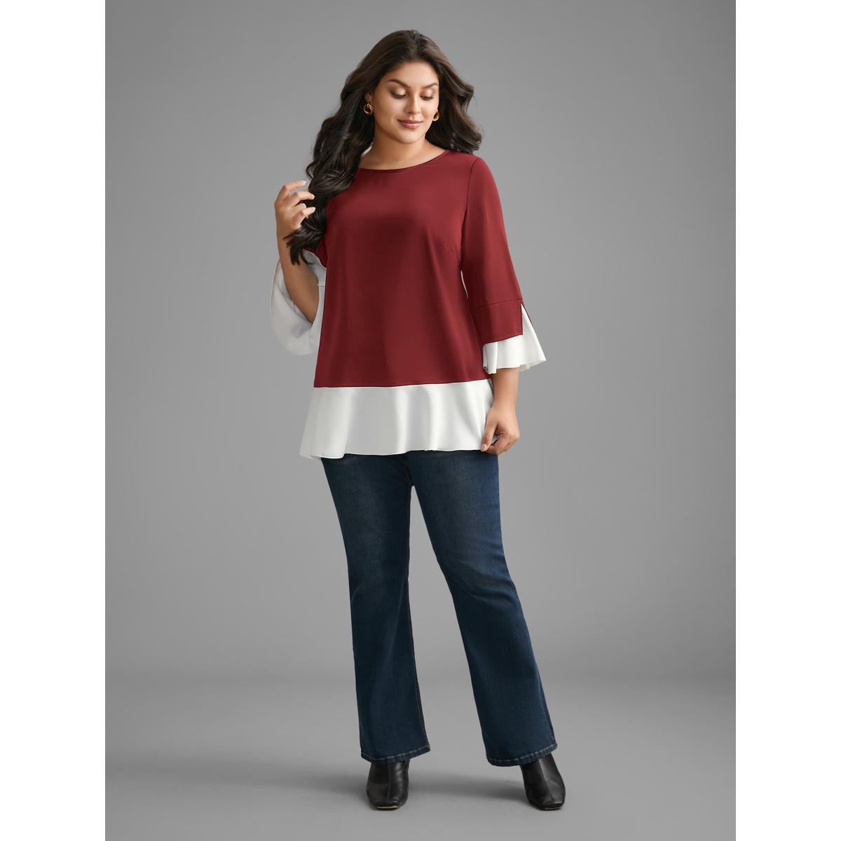 Plus Size Scarlet Contrast Patchwork Bell Sleeve Blouse Women Elegant Elbow-length sleeve Round Neck Everyday Blouses BloomChic 12/L Product Image