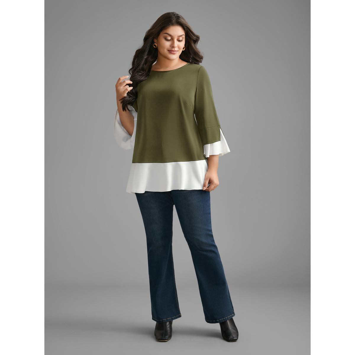 Plus Size ArmyGreen Contrast Patchwork Bell Sleeve Blouse Women Elegant Elbow-length sleeve Round Neck Everyday Blouses BloomChic 12/L Product Image