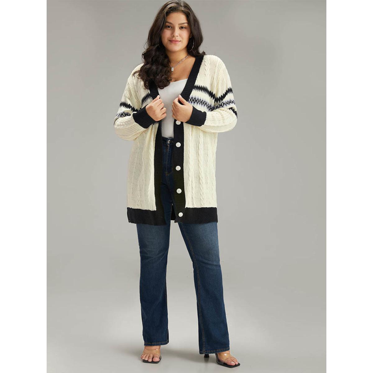 Plus Size Cable Knit Striped Geo Button Fly Cardigan Beige Women Casual Loose Long Sleeve Dailywear Cardigans BloomChic 10/M Product Image