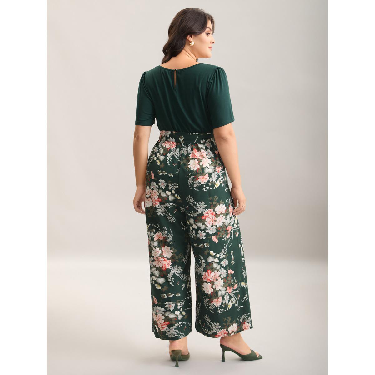 Plus Size DarkGreen Color Contrast Belted Panel Pockets Jumpsuit Women Timeless Short sleeve Square Neck Elegant Loose Jumpsuits BloomChic 28/5X Product Image