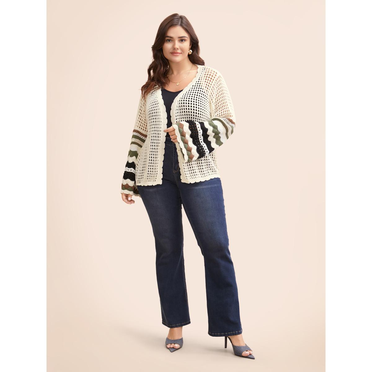 Plus Size Striped Cut Out Bell Sleeve Cardigan Beige Women Leisure Loose Three Quarter Length Sleeve Casual Cardigans BloomChic 10/M Product Image