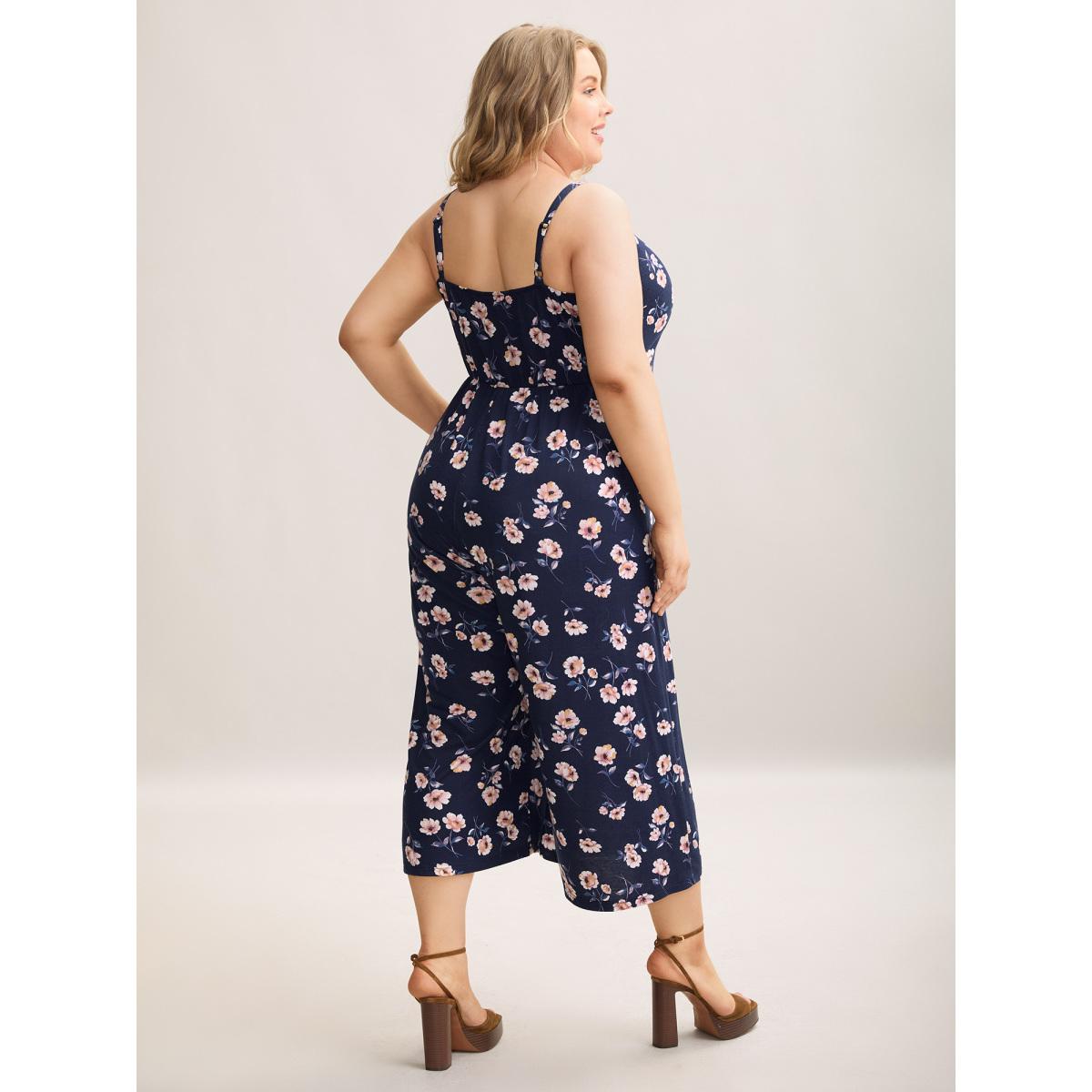 Plus Size DarkBlue Floral Print Adjustable Stretchy Pockets Jumpsuit Women Elegant Sleeveless Non Everyday-Elegant Loose Jumpsuits BloomChic 12/L Product Image