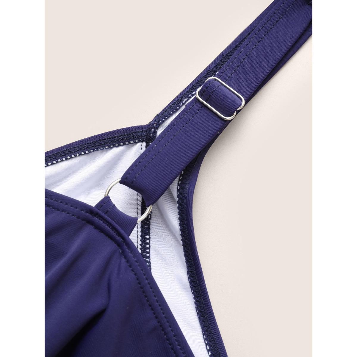 Plus Size Patchwork Ruched Knot Asymmetrical Hem Swim Dress Women's Swimwear Indigo Beach Bodycon Heart neckline High stretch Curve Swim Dresses BloomChic 28/5X Product Image