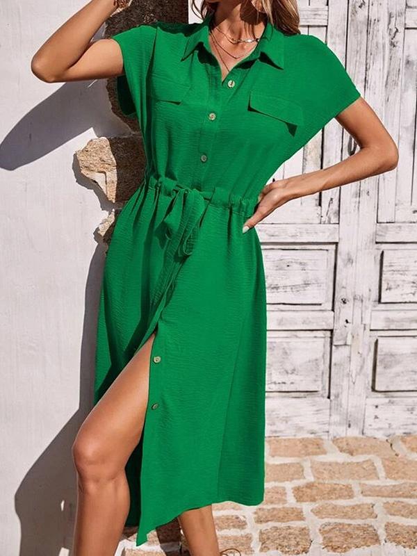 Raglan Sleeve Drawstring Pleated Split-Joint Lapel Midi Dresses Shirt Dress Product Image