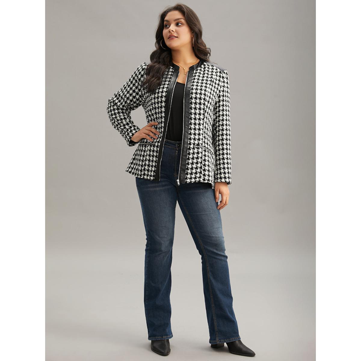Plus Size Houndstooth PU Leather Patchwork Tweed Zipper Blazer Black Women Dailywear Houndstooth Contrast Sleeve Long Sleeve Open Front 22-24/3X Pocket Casual Blazers BloomChic Product Image