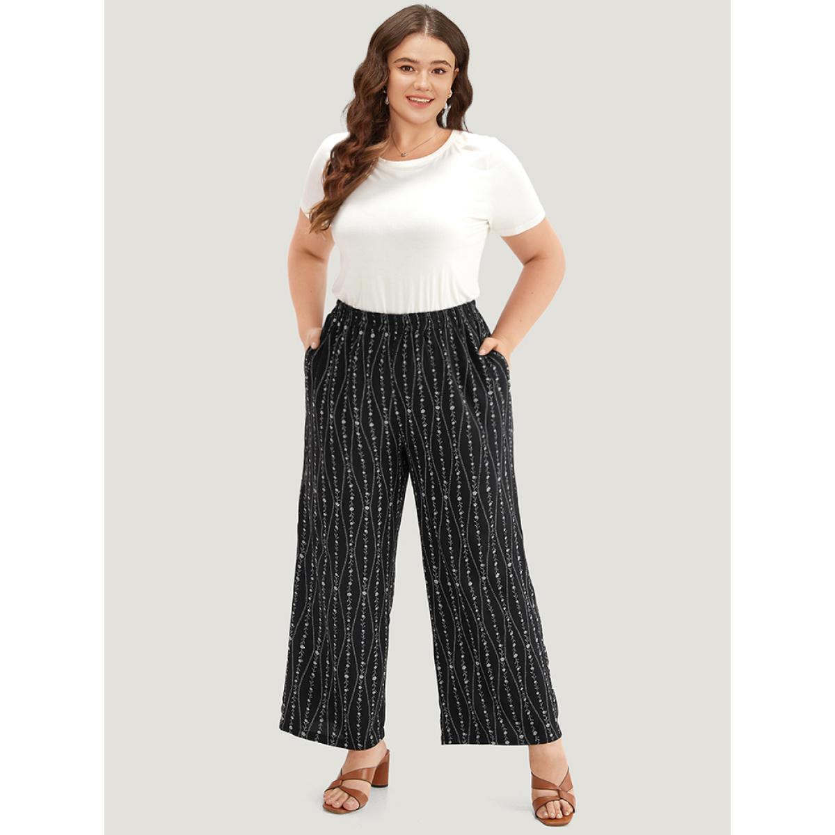Plus Size Striped Ditsy Floral Elastic Waist Pants Women Black Vacation Straight Leg High Rise Dailywear Pants BloomChic 18-20/2X Product Image