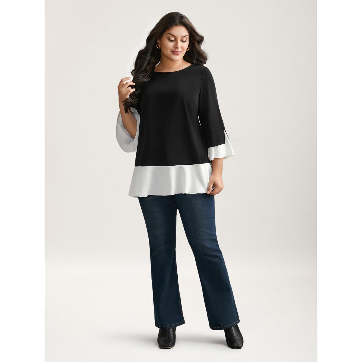 Plus Size Black Contrast Patchwork Bell Sleeve Blouse Women Romantic Elbow-length sleeve Round Neck Elegant Blouses BloomChic 10/M Product Image