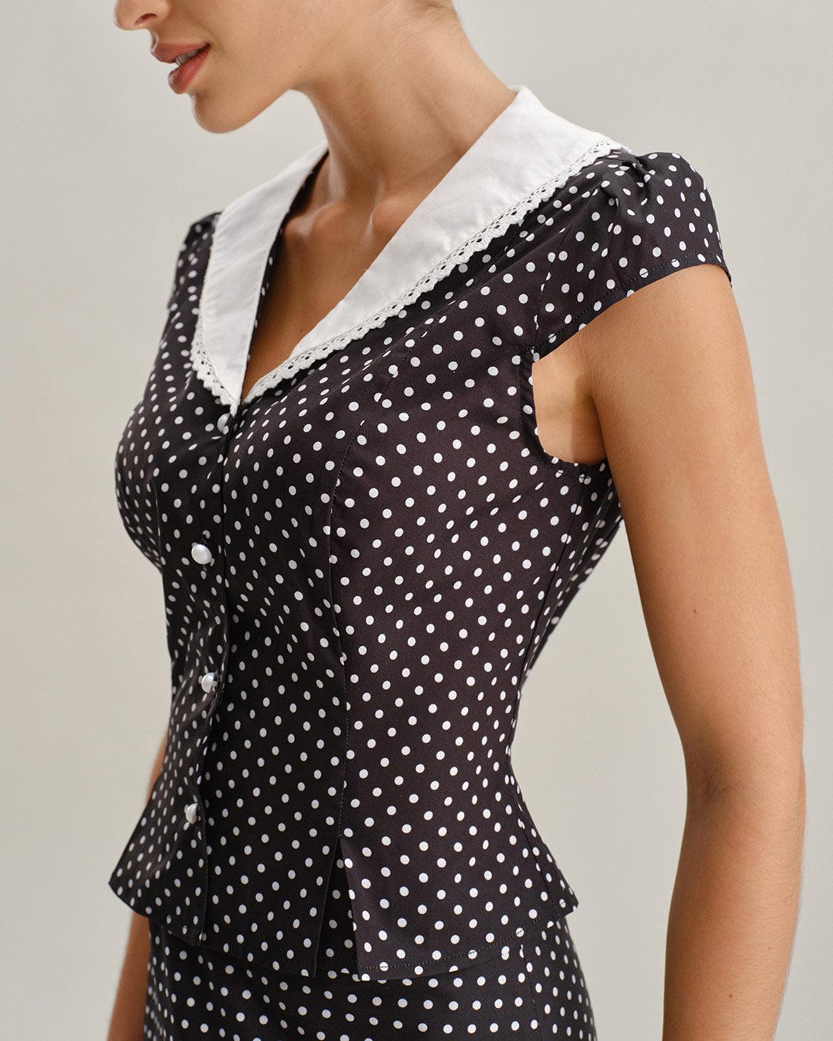 Black Polka Dot Cap Sleeve Shirt Product Image