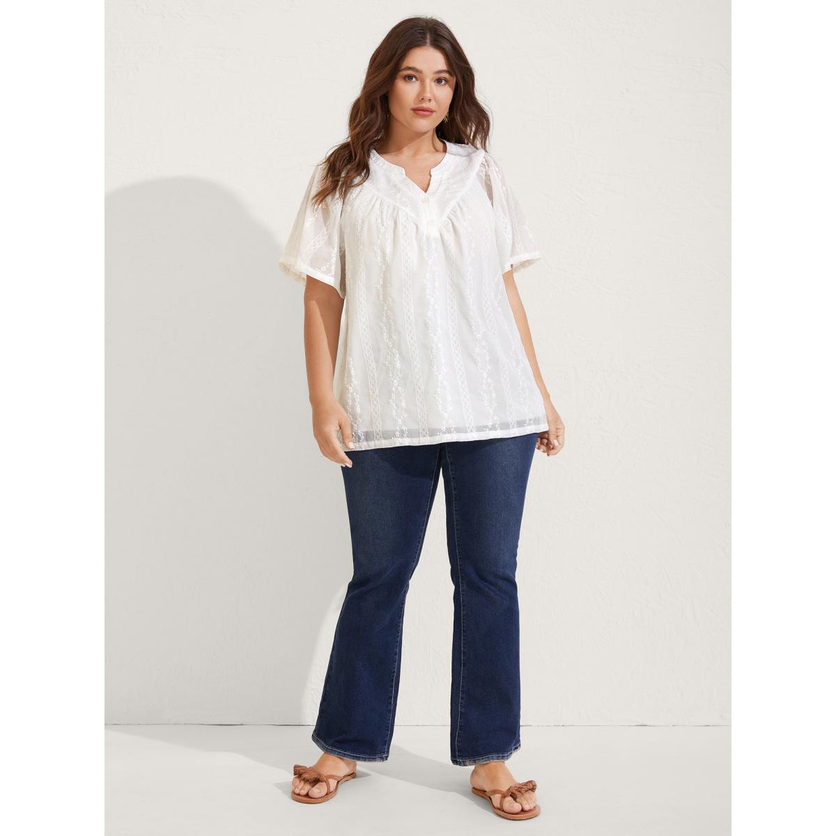 Plus Size Beige Embroidered Notched Collar Sheer Blouse Women Boho Short sleeve Flat collar with V-notch Vacation Blouses BloomChic 28/5X Product Image