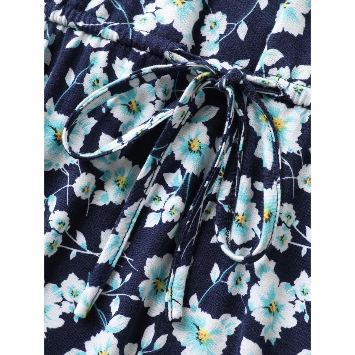 Plus Size Supersoft Ditsy Floral Waist-Tie Midi Dress Navy Women Round Neck Short sleeve Curvy BloomChic 14-16/1X Product Image