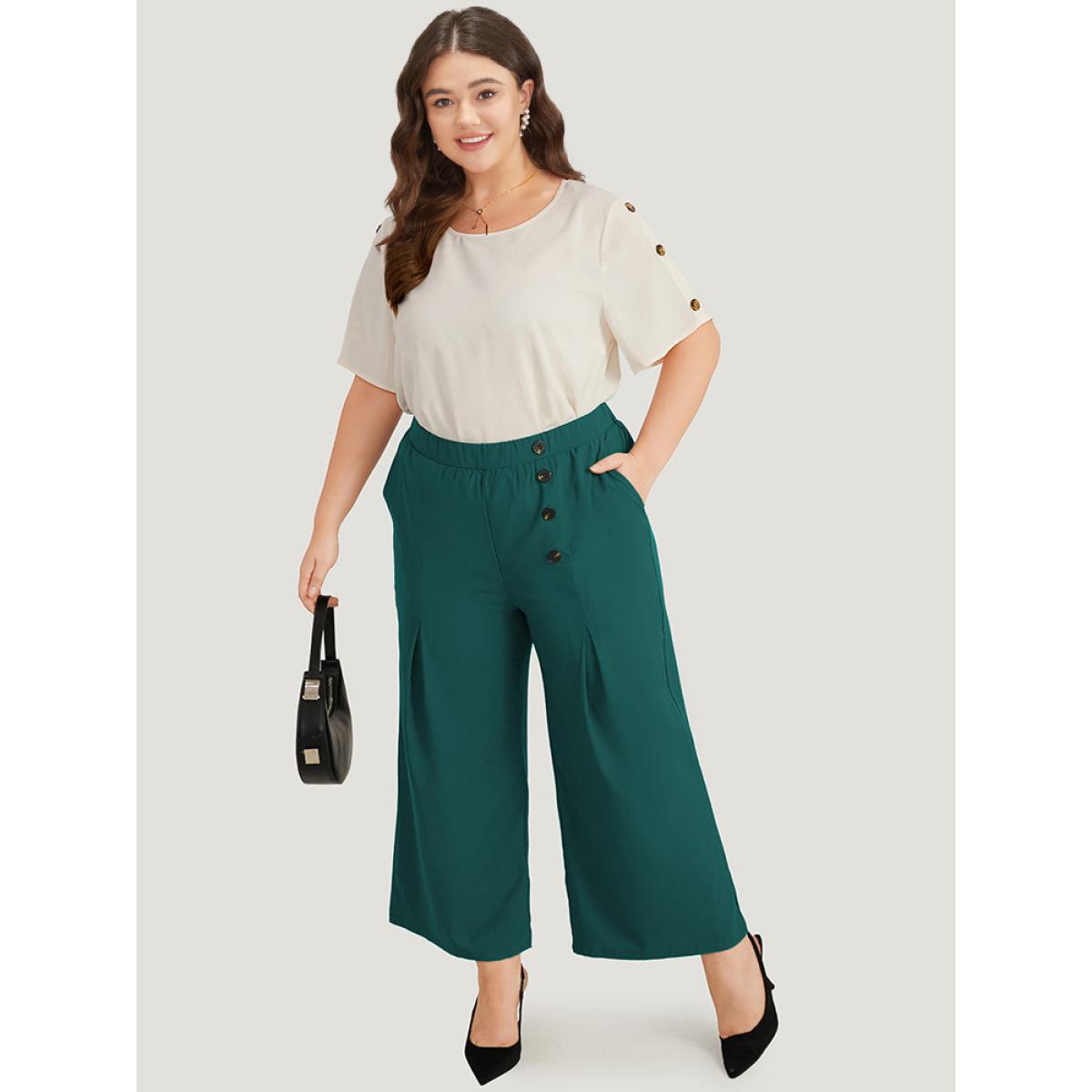 Plus Size Solid Pleated Button Detail Straight Leg Pants Women ArmyGreen Office Straight Leg High Rise Office Pants BloomChic 28/5X Product Image