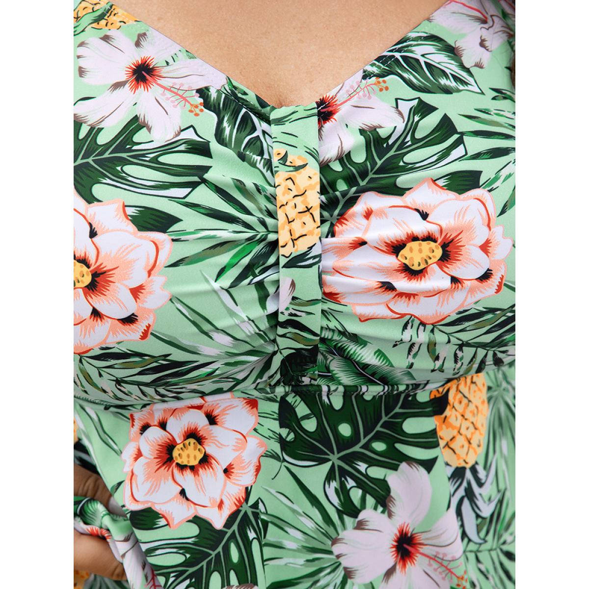 Plus Size Tropical Print A Line Flutter Ruched Front Swim Dress Women's Swimwear Green Vacation Bodycon High stretch Curve Swim Dresses BloomChic 18-20/2X Product Image