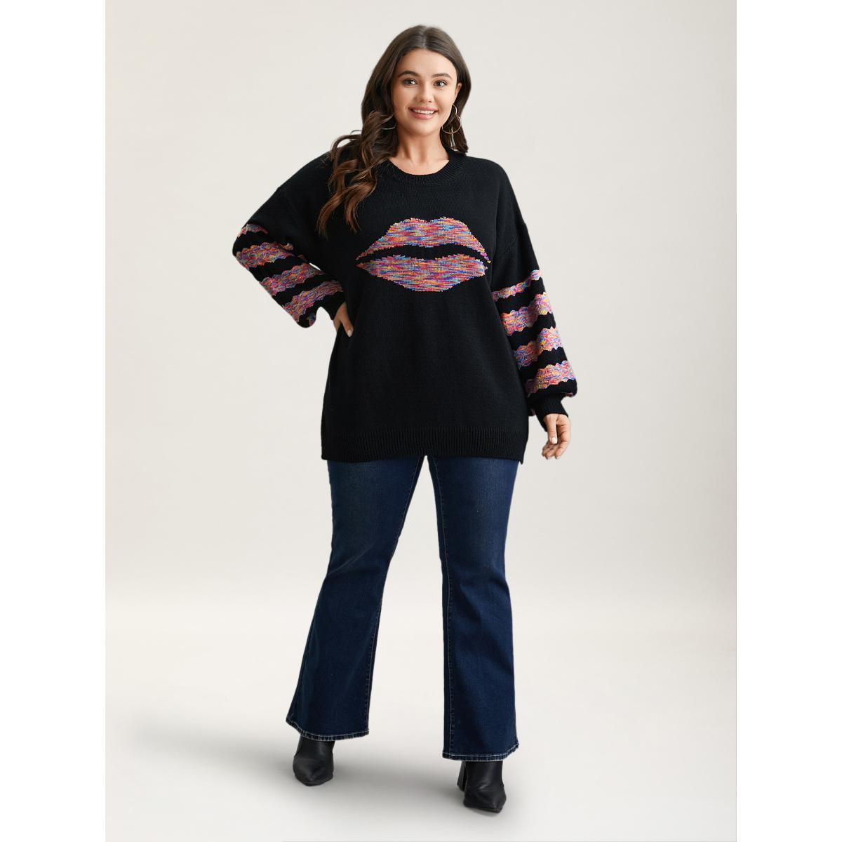 Plus Size Lips Motif Jacquard Color Contrast Pullover Black Women Casual Loose Long Sleeve Round Neck Everyday Pullovers BloomChic 26/4X Product Image