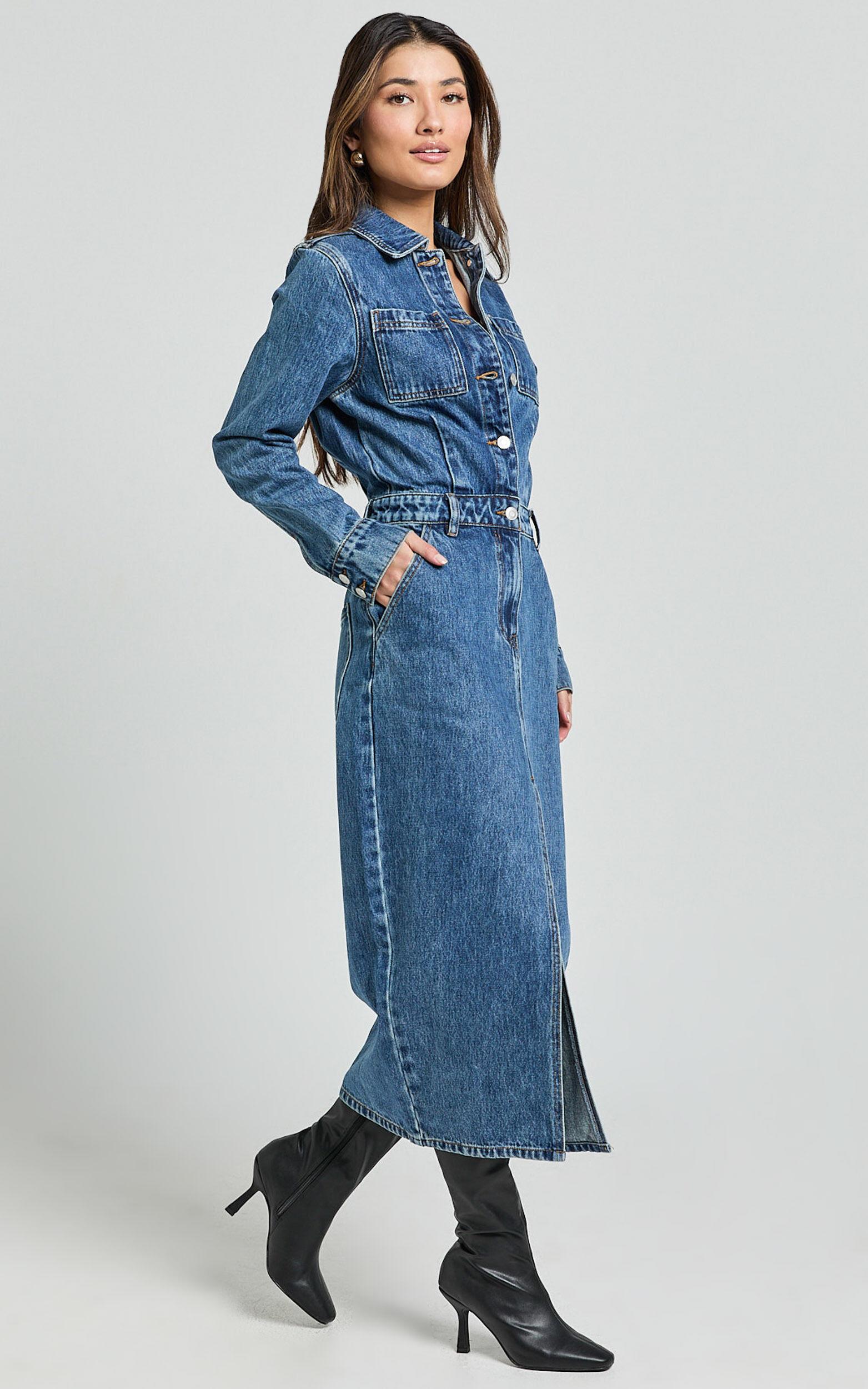 Alison Midi Dress - Long Sleeve Front Split Denim Dress in Mid Blue Wash Product Image