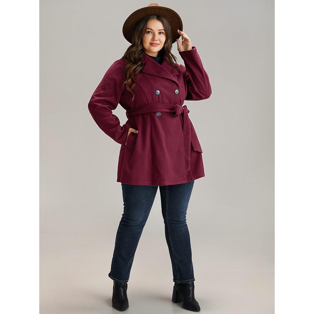 Plus Size Plain Button Up Belted Lapel Collar Coat Women Burgundy Casual Plain Ladies Dailywear Winter Coats BloomChic 10/M Product Image