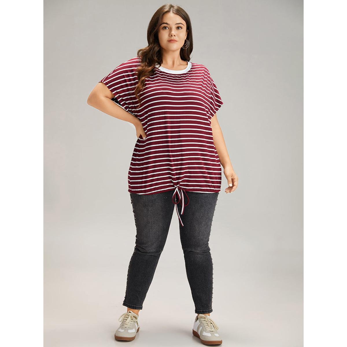 Plus Size Striped Drawstring Batwing Sleeve T-shirt Burgundy Women Casual Contrast Striped Round Neck Dailywear T-shirts BloomChic 10/M Product Image