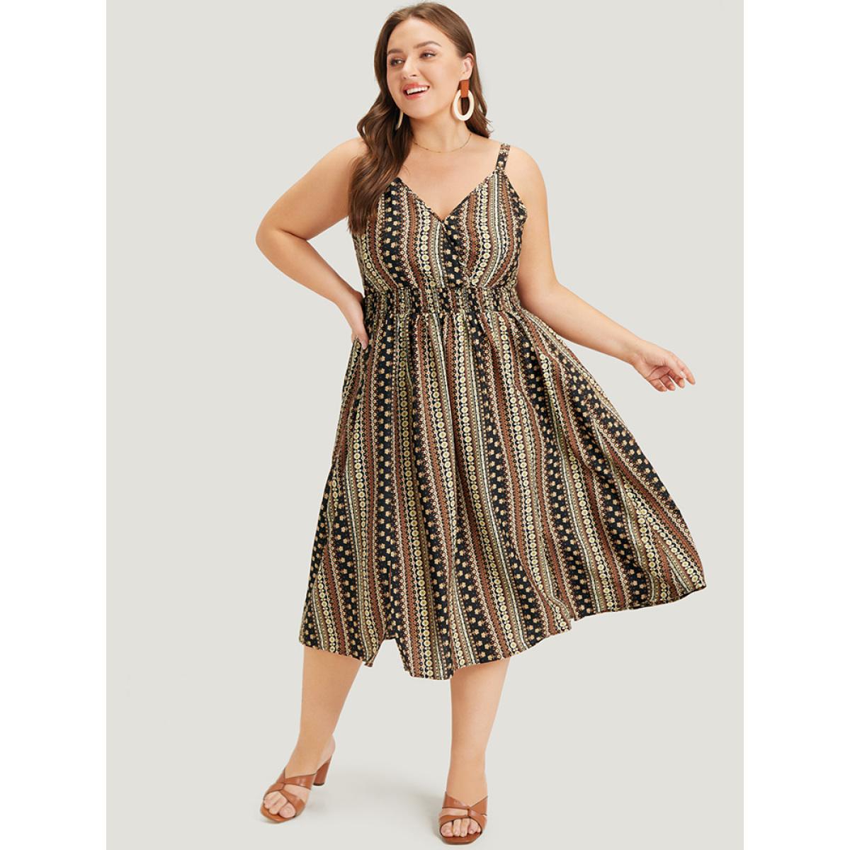 Plus Size Bandana Print Shirred Pocket Split Wrap Cami Dress DarkBrown Women Vacation Adjustable Straps Spaghetti Strap Sleeveless Curvy Midi Dress BloomChic 30/6X Product Image