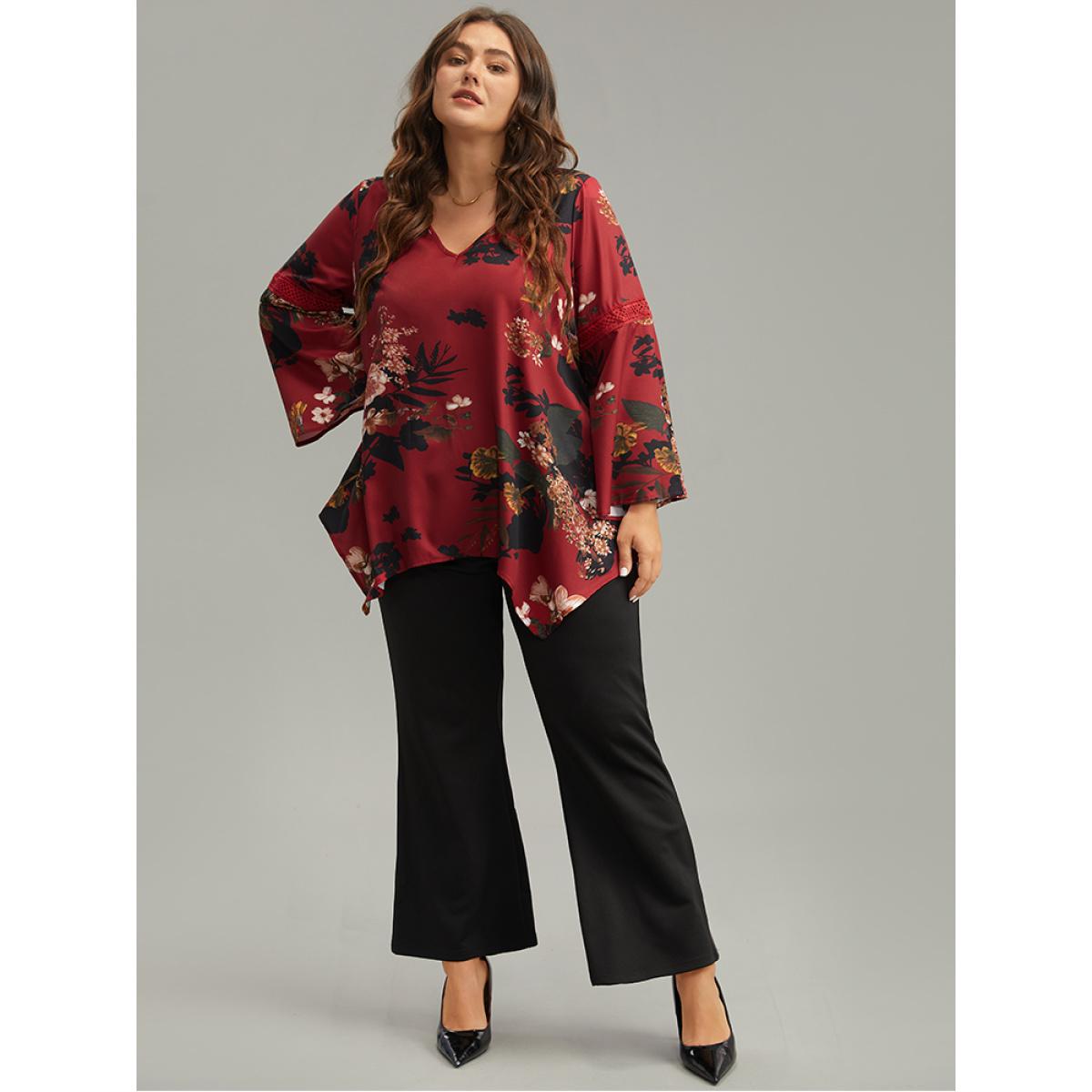 Plus Size Scarlet Floral Lace Panel V Neck Hanky Hem Blouse Women Elegant Long Sleeve V-neck Dailywear Blouses BloomChic 22-24/3X Product Image