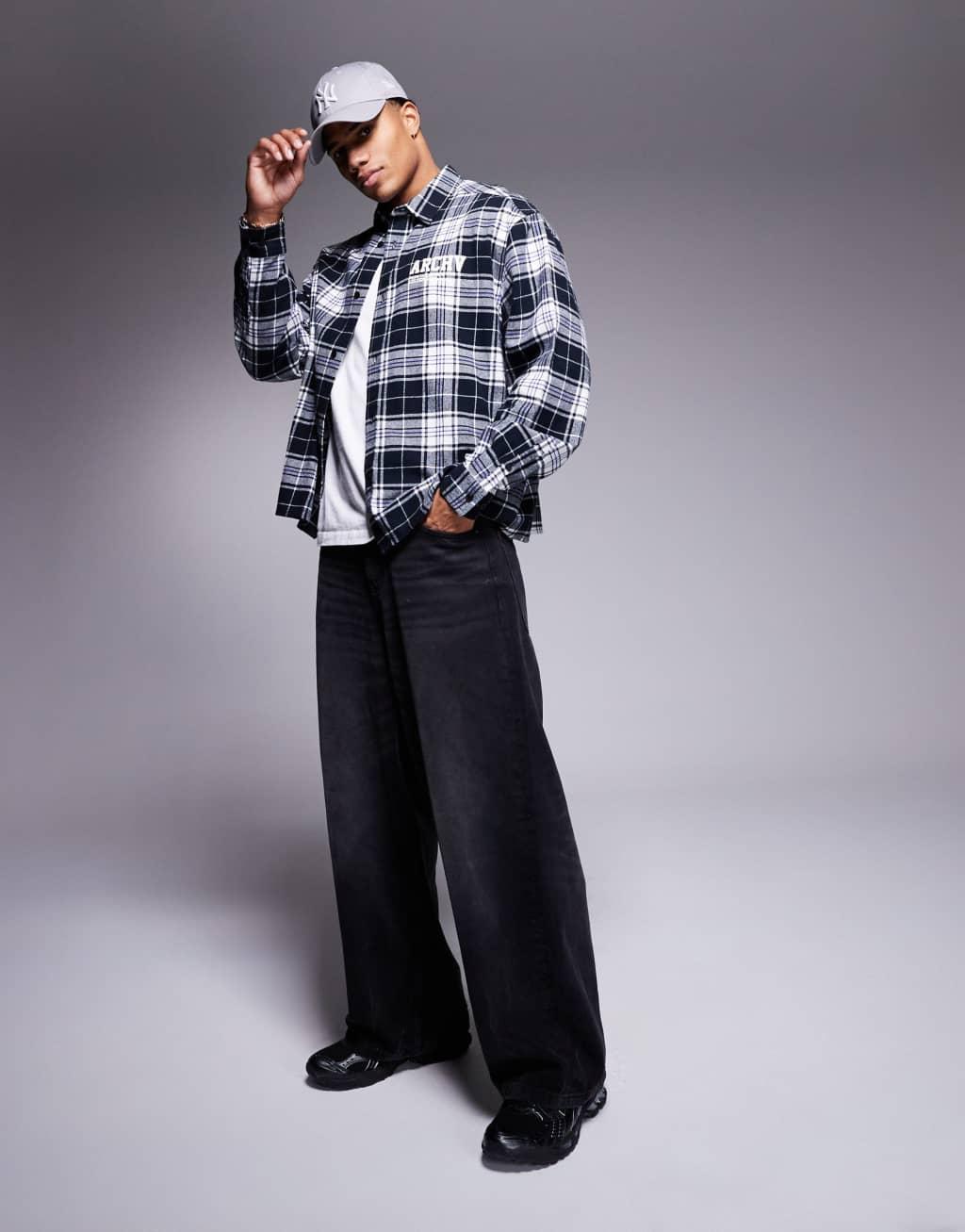 ASOS DESIGN boxy oversized check shirt with chest and back print Product Image