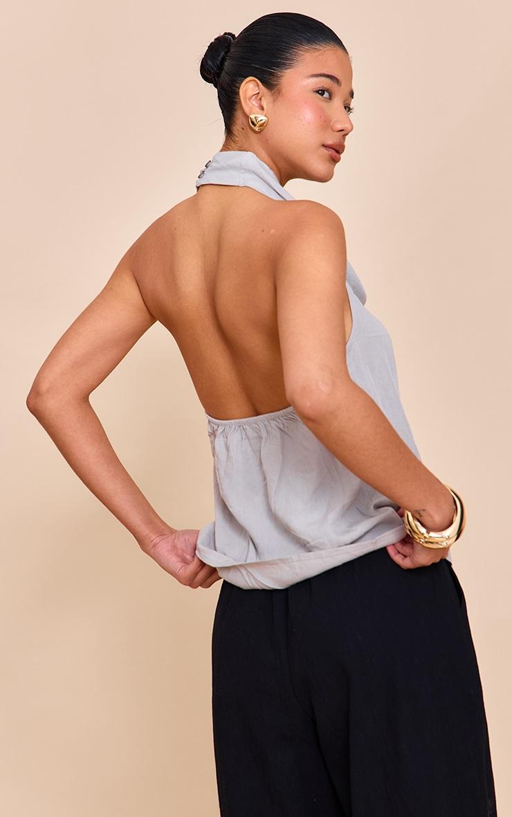 Grey Linen Blend Cowl Neck Backless Long Top Product Image