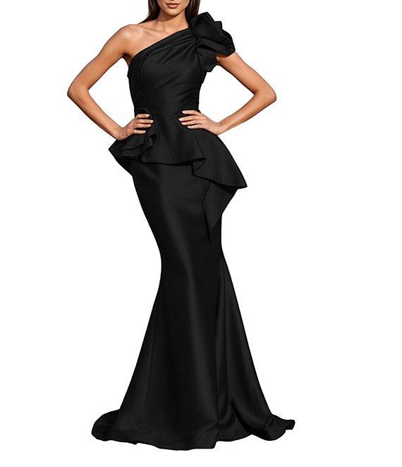 Terani Couture Taffeta One Floral Applique Shoulder Peplum Gown Product Image