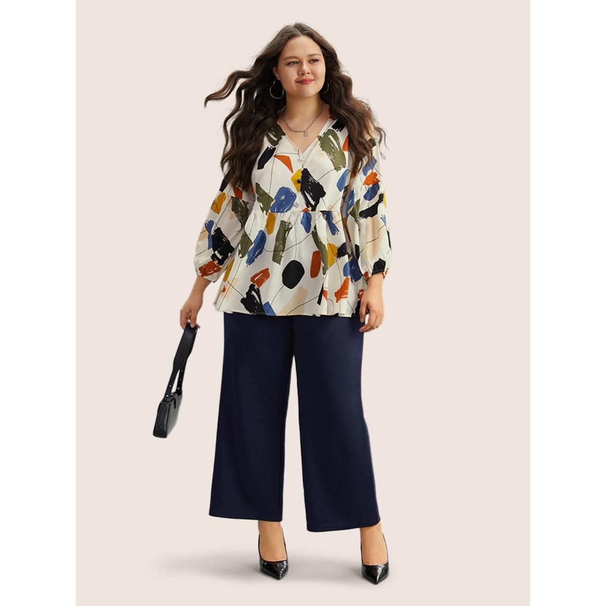 Plus Size Ivory Brush Print Button Detail Elastic Cuffs Blouse Women Playful Long Sleeve V-neck Casual Blouses BloomChic 18-20/2X Product Image