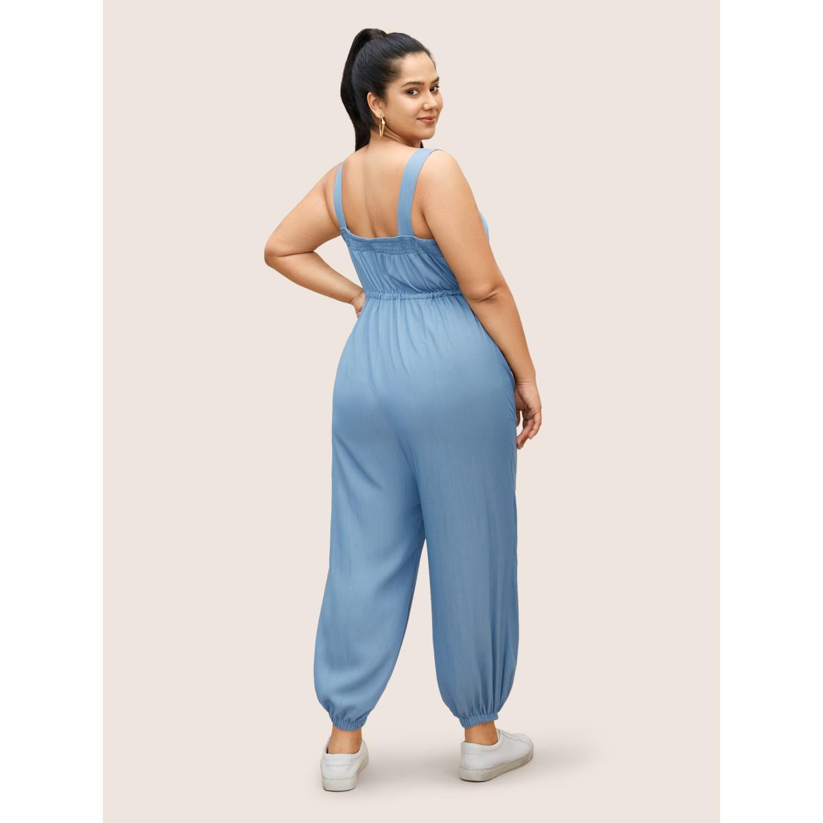 Plus Size Denimblue Solid Shirred Button Detail Drawstring Jumpsuit Women Casual Sleeveless Square Neck Everyday Loose Jumpsuits BloomChic 18-20/2X Product Image