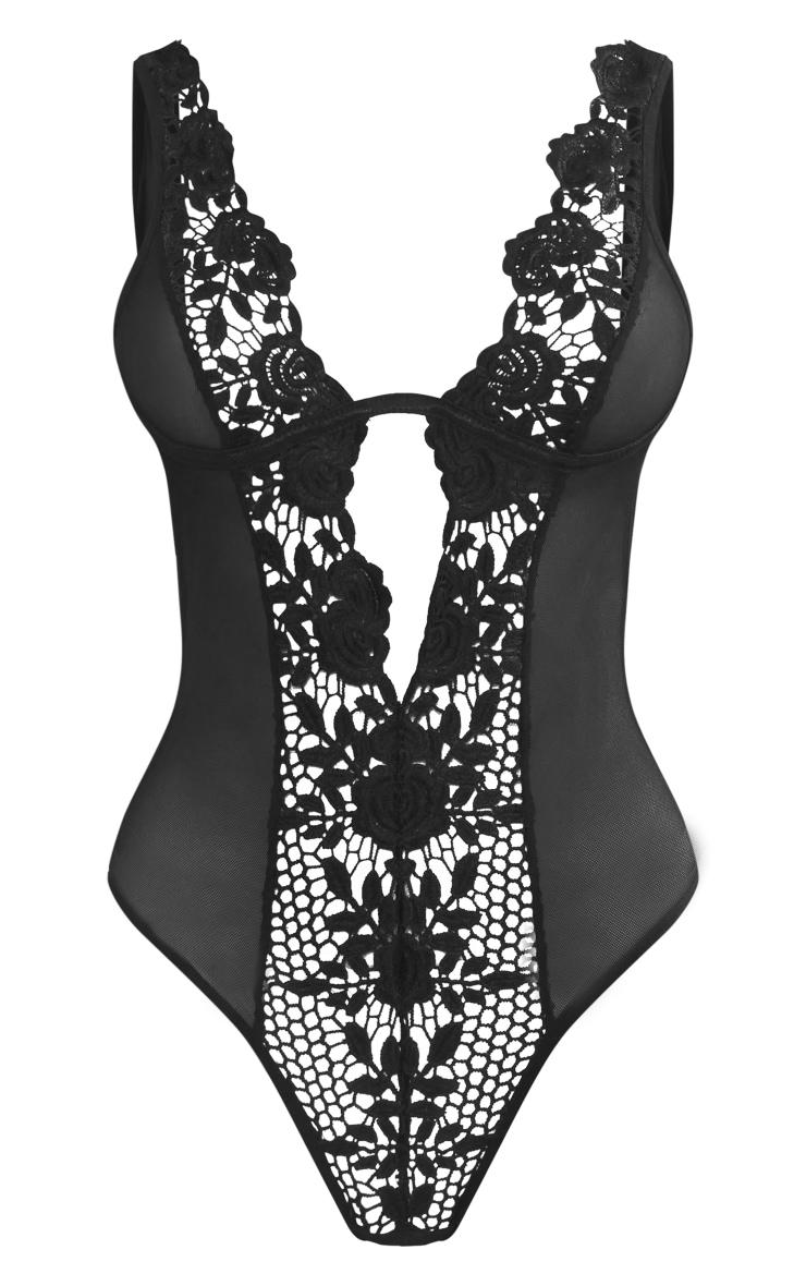 Black Mesh Deep Plunge Crochet Lace Bodysuit Product Image