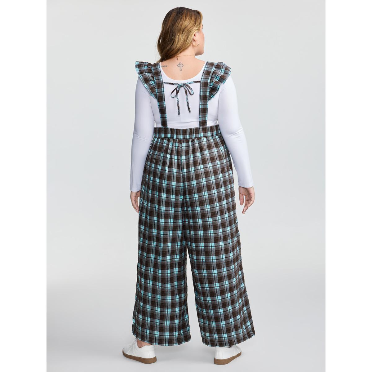 Plus Size Multicolor Plaid Ruffled Sleeve Backless Tie Jumpsuit Women Leisure Sleeveless Non Casual Loose Jumpsuits BloomChic 26/4X Product Image