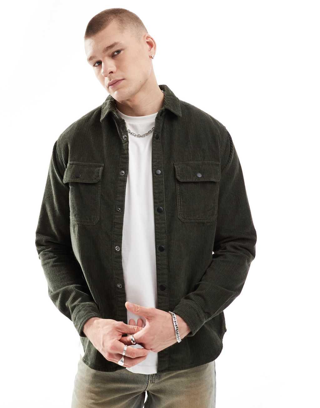ASOS DESIGN corduroy overshirt with snaps in green Product Image