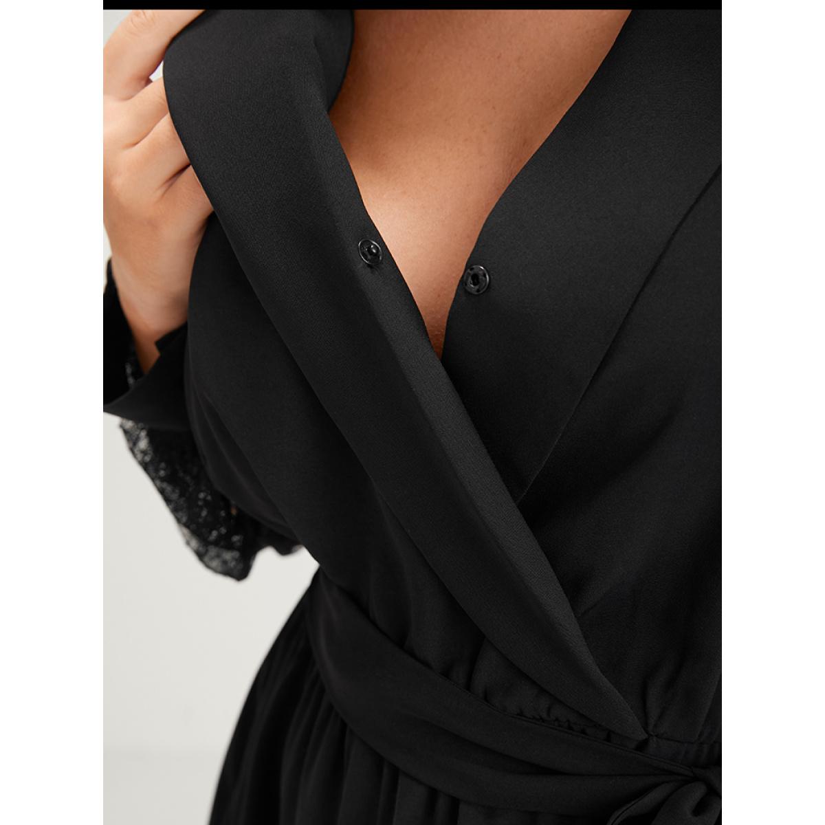 Plus Size Solid Lace Lantern Sleeve Button Lapel Collar Belted Maxi Dress Black Women Elegant Cross straps Lapel Collar Long Sleeve Curvy Long Dress BloomChic 22-24/3X Product Image