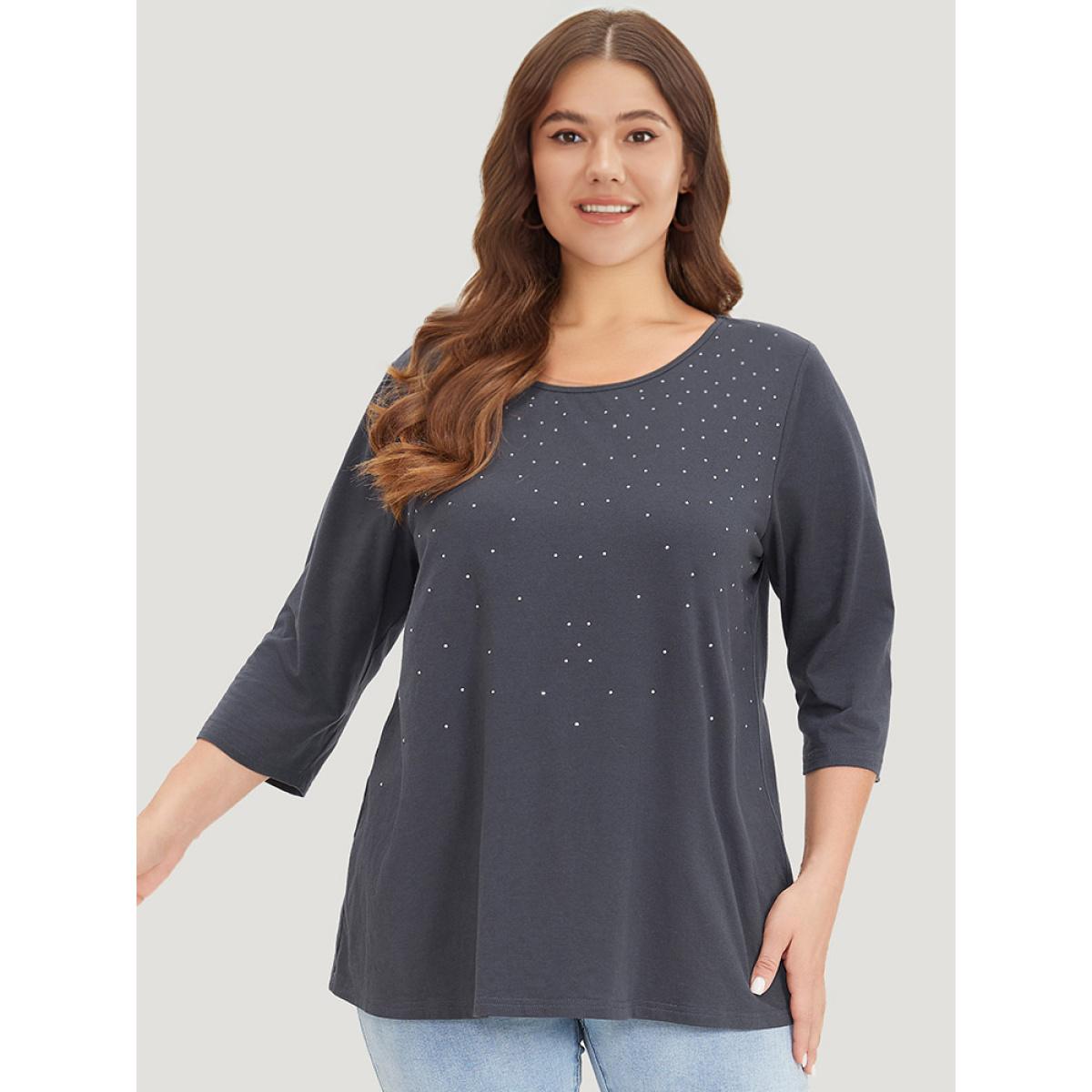 Plus Size Solid Rhinestone Detail Crew Neck T-shirt Indigo Women Elegant Plain Round Neck Dailywear T-shirts BloomChic 22-24/3X Product Image