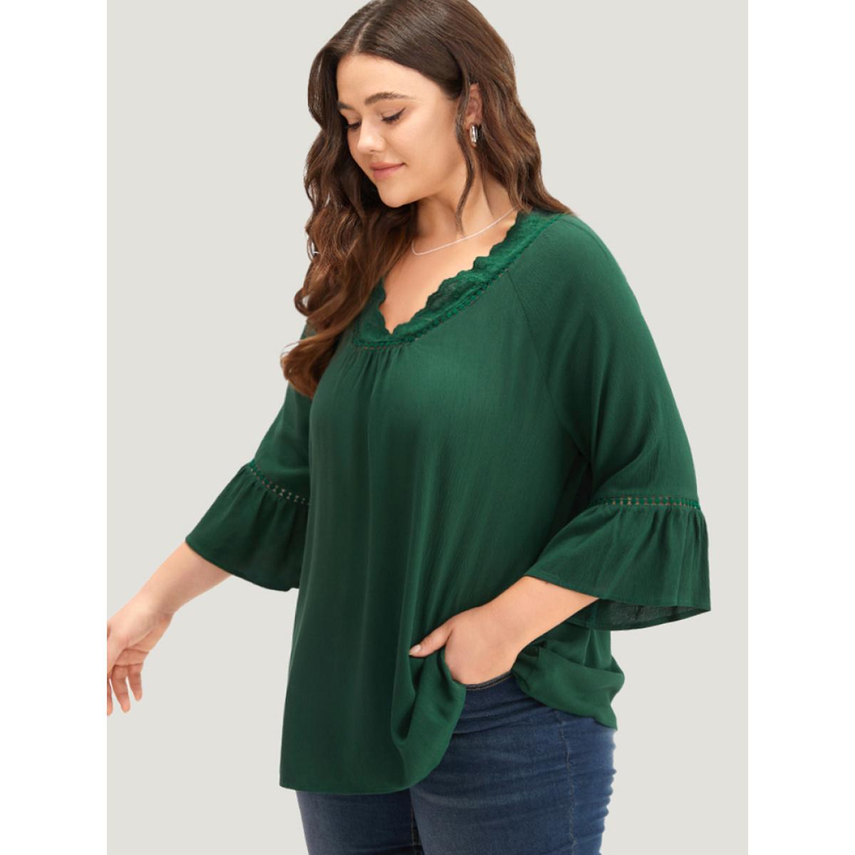 Plus Size Emerald Lace Panel Hollow Out Bell Sleeve Blouse Women Elegant Elbow-length sleeve V-neck Everyday Blouses BloomChic 30/6X Product Image