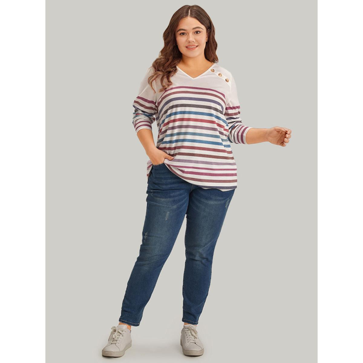 Plus Size Striped V Neck Button Detail Raglan Sleeve T-shirt Multicolor Women Casual Button Striped V-neck Dailywear T-shirts BloomChic 26/4X Product Image