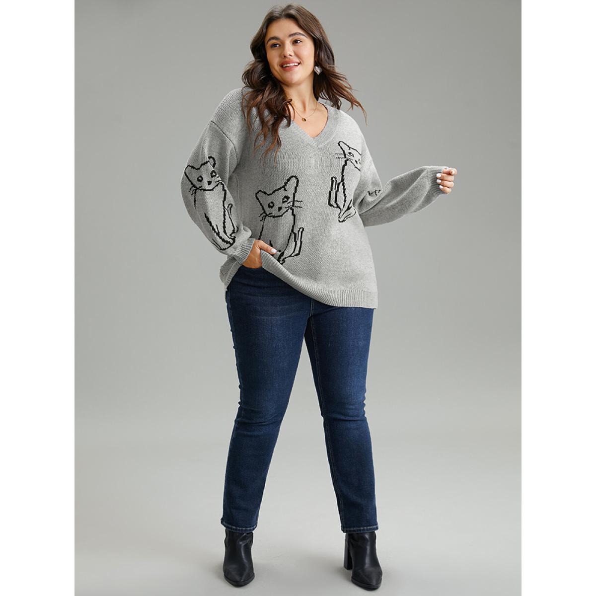 Plus Size Supersoft Essentials Cat Print V Neck Pullover DarkGray Women Casual Long Sleeve V-neck Dailywear Pullovers BloomChic 26/4X Product Image