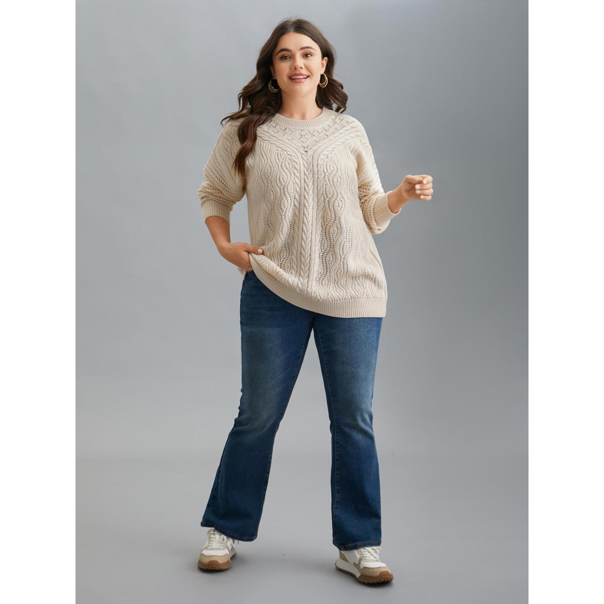 Plus Size Cable Knit Hollow Out Textured Pullover Apricot Women Casual Loose Long Sleeve Round Neck Everyday Pullovers BloomChic 28/5X Product Image