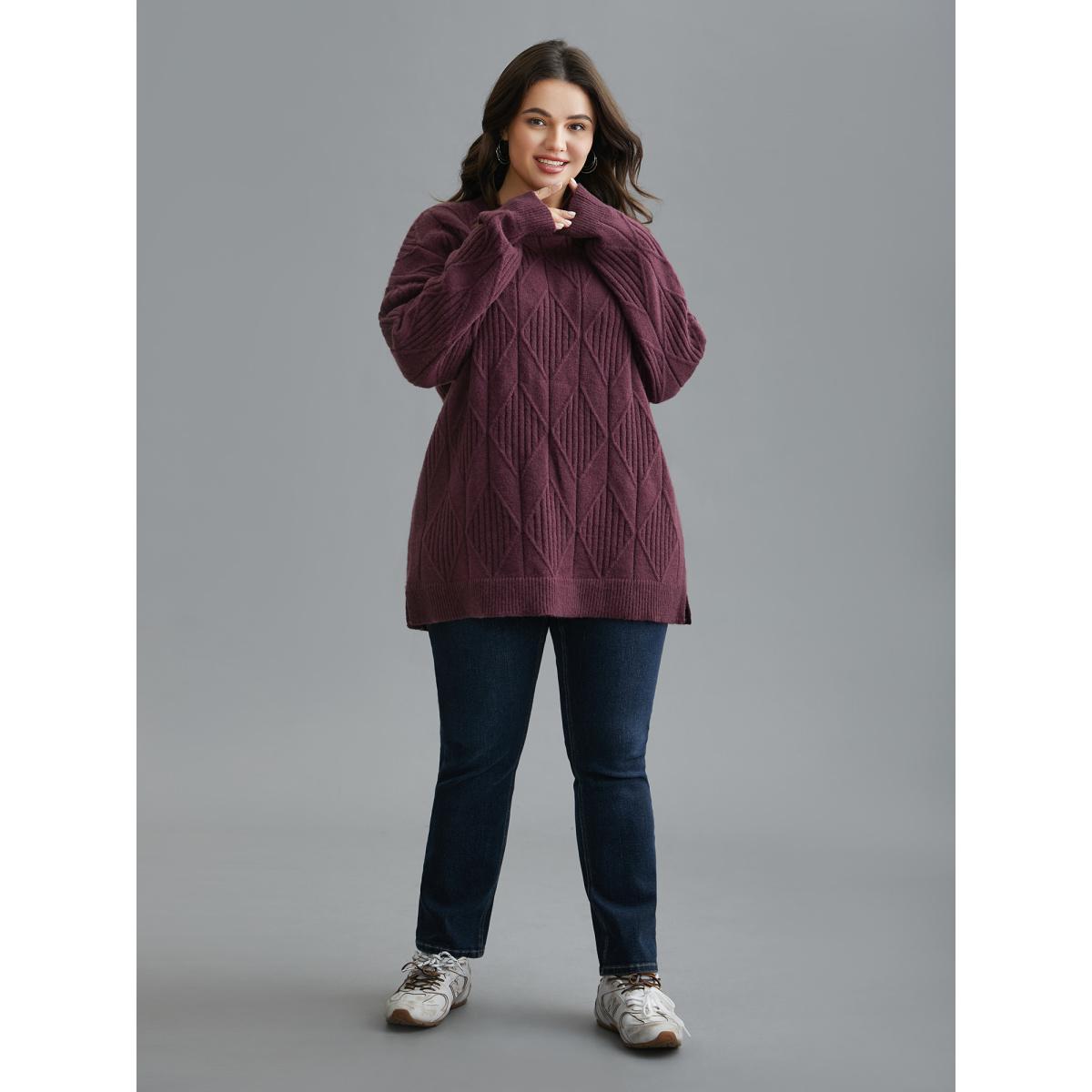 Plus Size Cable Knit Turtleneck Split Hem Pullover Plum Women Casual Loose Long Sleeve Turtleneck Everyday Pullovers BloomChic 12/L Product Image