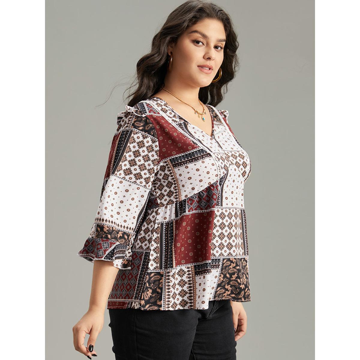 Plus Size Scarlet Moroccan Print Lace Panel Ruffles Frill Trim Blouse Women Vacation Elbow-length sleeve V-neck Vacation Blouses BloomChic 12/L Product Image