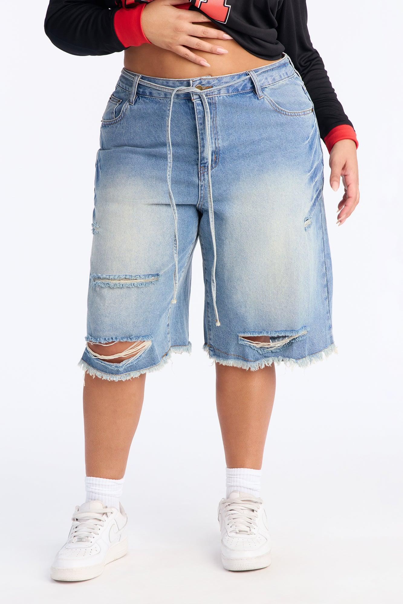 Ludlow Drawstring Ripped Denim Jorts - Vintage Wash Female Product Image