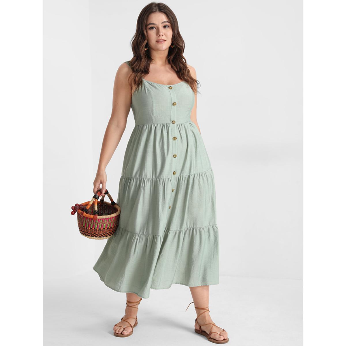 Plus Size Solid Ruffles Button Backless Shirred Tank Dress LightGreen Women Elegant Elastic Waist Spaghetti Strap Sleeveless Curvy Long Dress BloomChic 30/6X Product Image