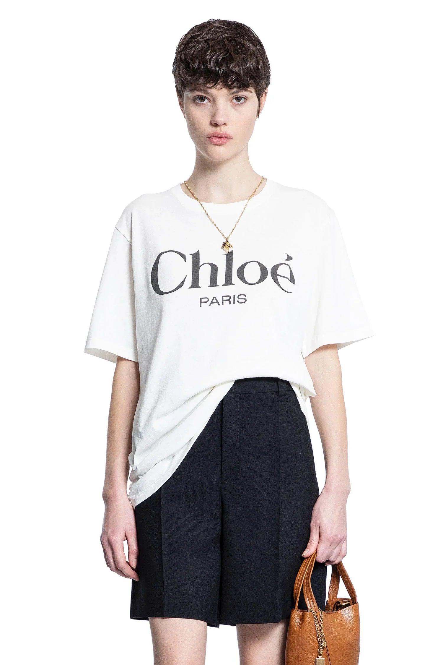CHLOÉ White Crewneck T-shirt With Logo Print On The Front In Cotton Woman Product Image