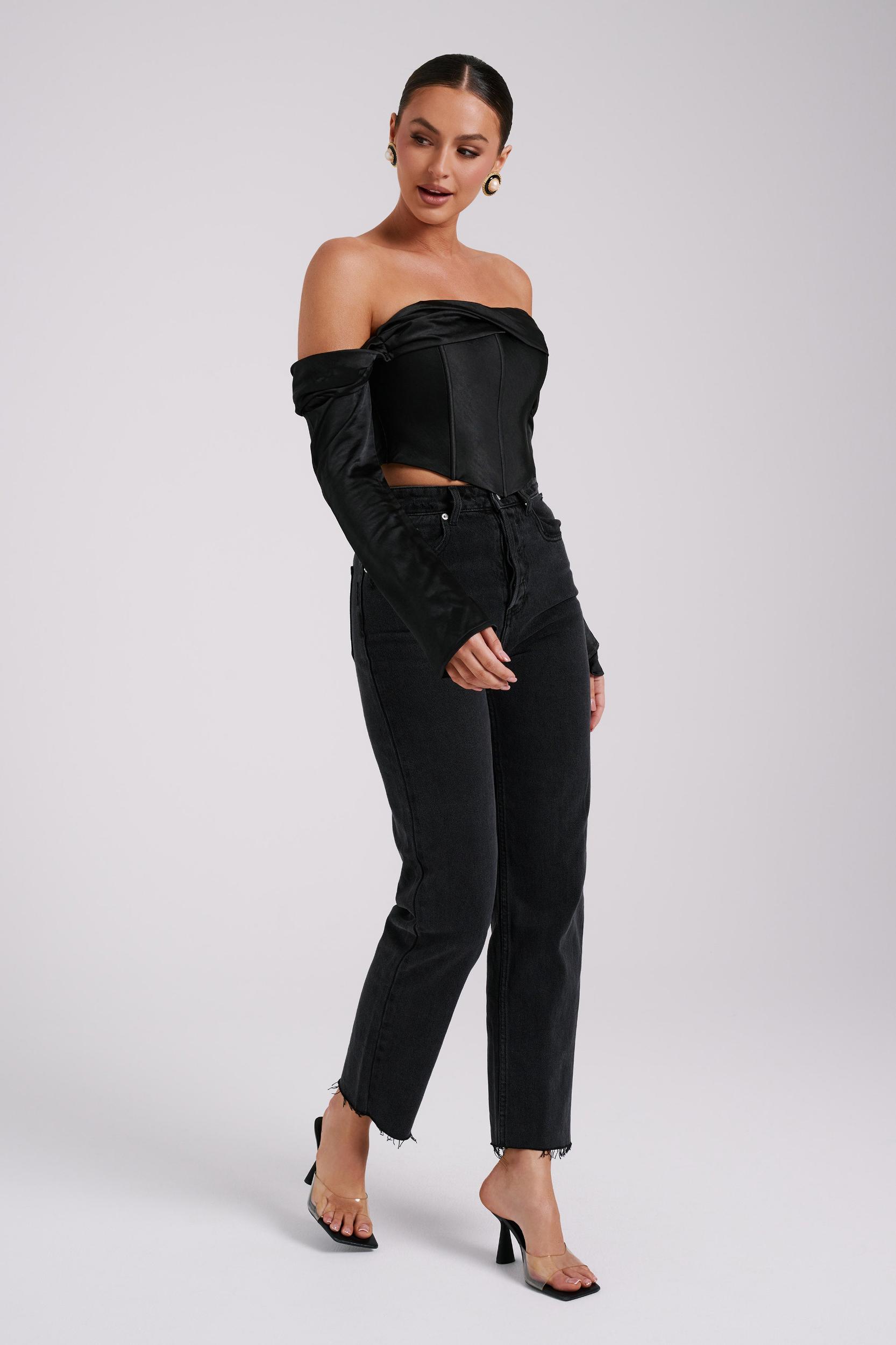 Giselle Satin Off Shoulder Top - Black Product Image