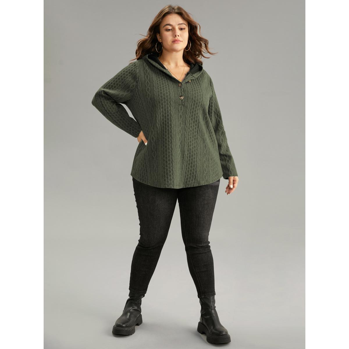 Plus Size Plisse Button Through Hooded Curved Hem Sweatshirt Women ArmyGreen Casual Texture Hooded Everyday Sweatshirts BloomChic 30/6X Product Image