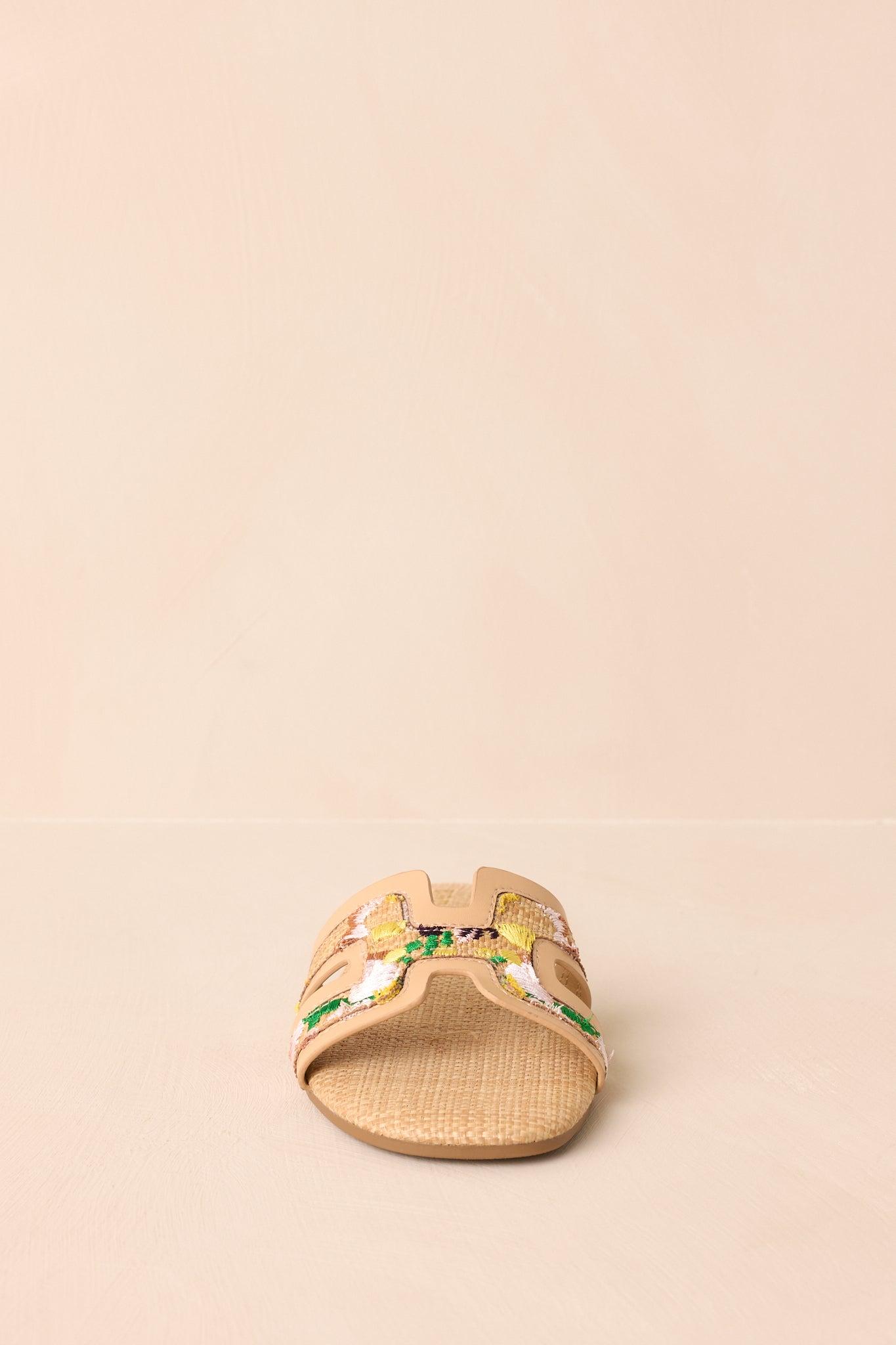 Let's Get Lost Natural Raffia Floral Embroidered Flat Sandals Product Image