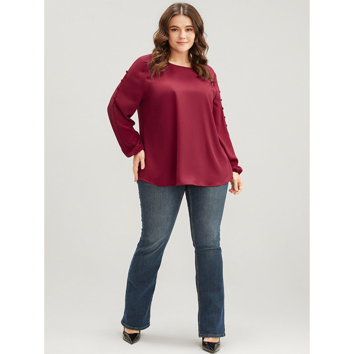 Plus Size Scarlet Solid Round Neck Button Detail Blouse Women Elegant Long Sleeve Round Neck Dailywear Blouses BloomChic 12/L Product Image