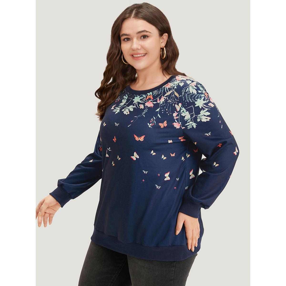 Plus Size Boho Print Elastic Cuffs Round Neck Sweatshirt Women Blue Elegant Elastic cuffs Round Neck Dailywear Sweatshirts BloomChic 30/6X Product Image