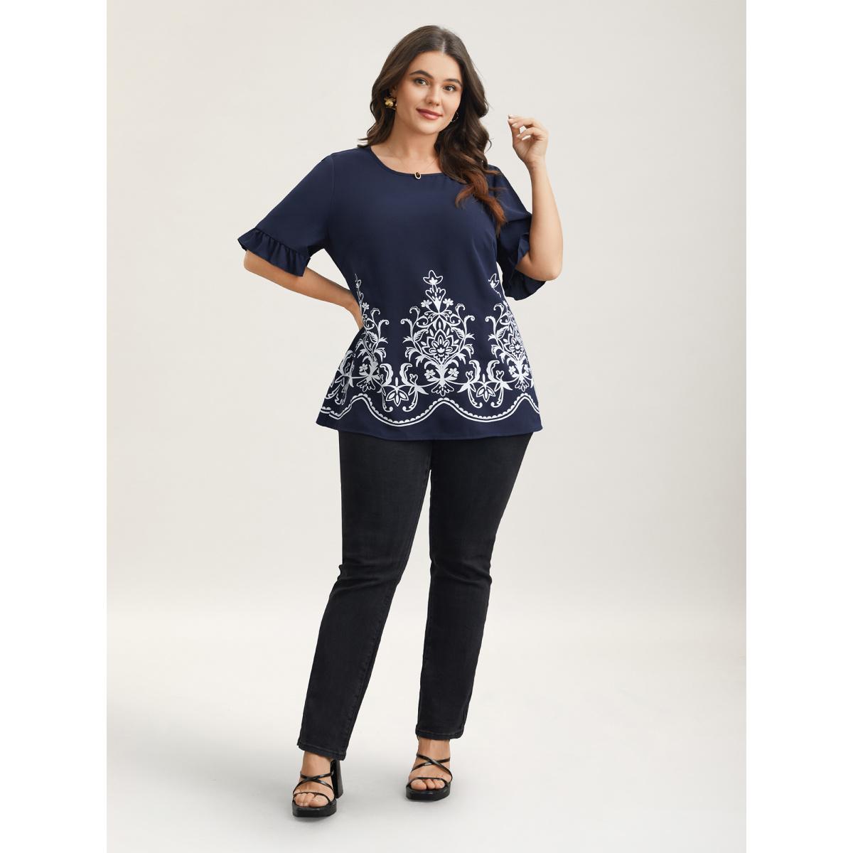 Plus Size Indigo Floral Print Round Neck Ruffled Sleeve Shirt Women Elegant Short sleeve Round Neck Everyday Blouses BloomChic 30/6X Product Image